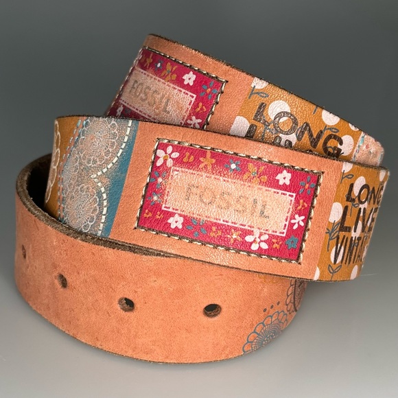 Y2K Fossil Long Live Vintage Patchwork Leather Belt S Brown Boho Retro - Picture 1 of 12